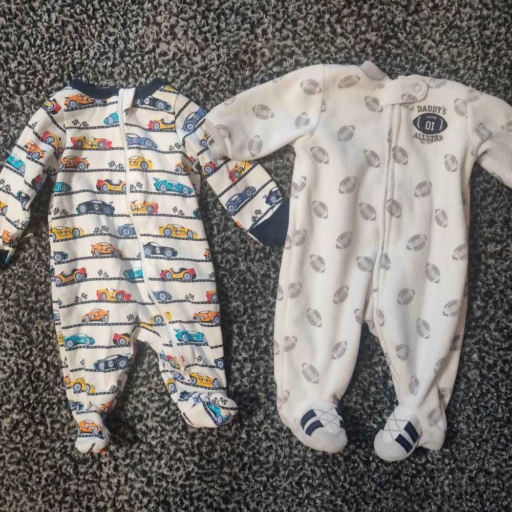 Newborn Boys Sleeper Set Of 2 Football Race Cars Blue Pajamas Daddy's All Star